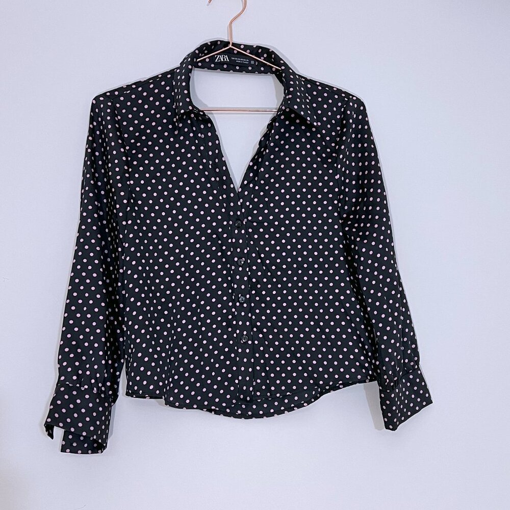 Zara Pink & Black Polka Dot Open Back Long Sleeve Blouse Size XS